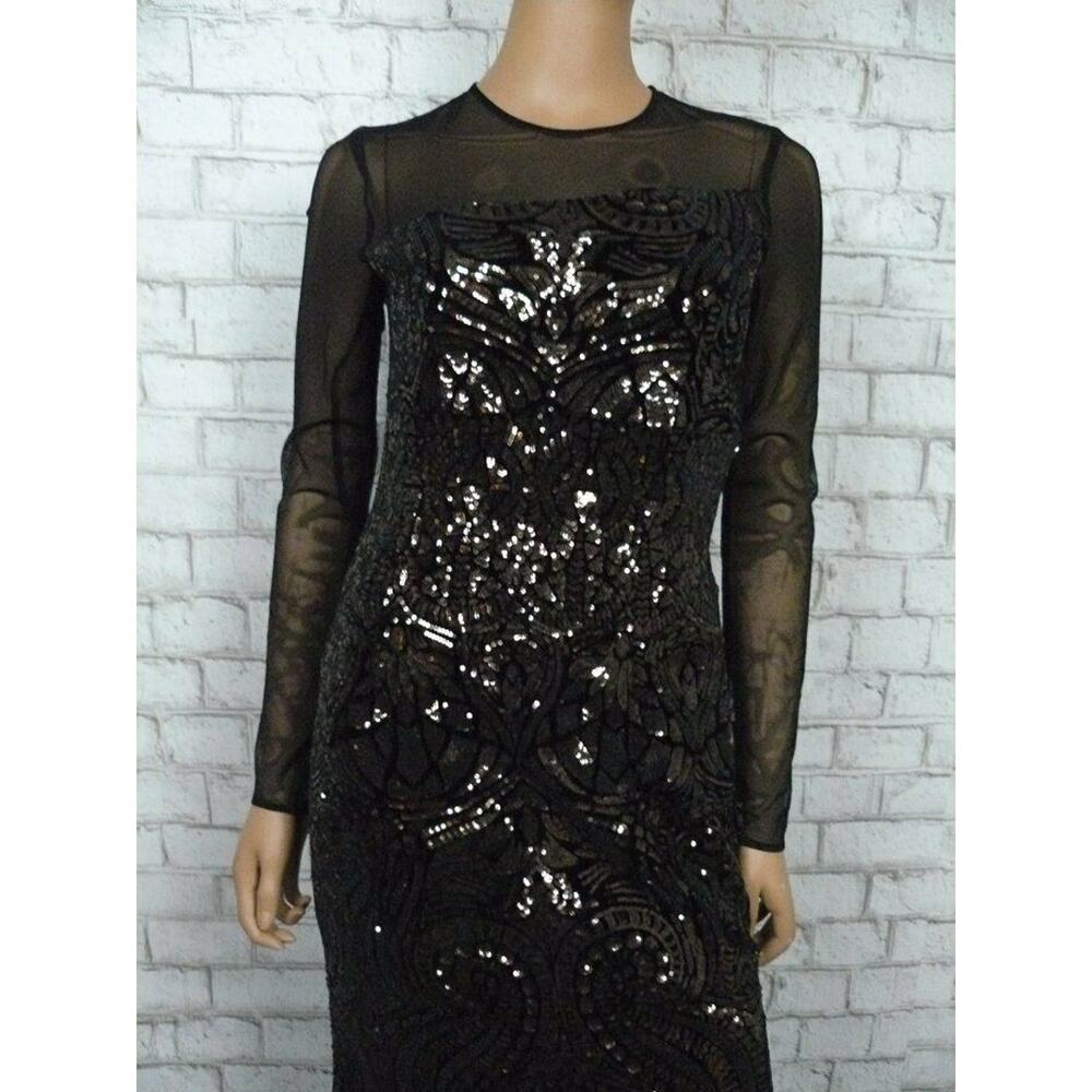 Betsy & Adam Black Velvet Bronze Sequin Long Sleeve Fitted Gown 4 NEW - Picture 5 of 12
